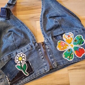 NWT Dolls Kill Current Mood Denim Halter Top with Floral Patches